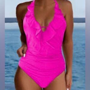 Hot pink one piece deep V with ruffle